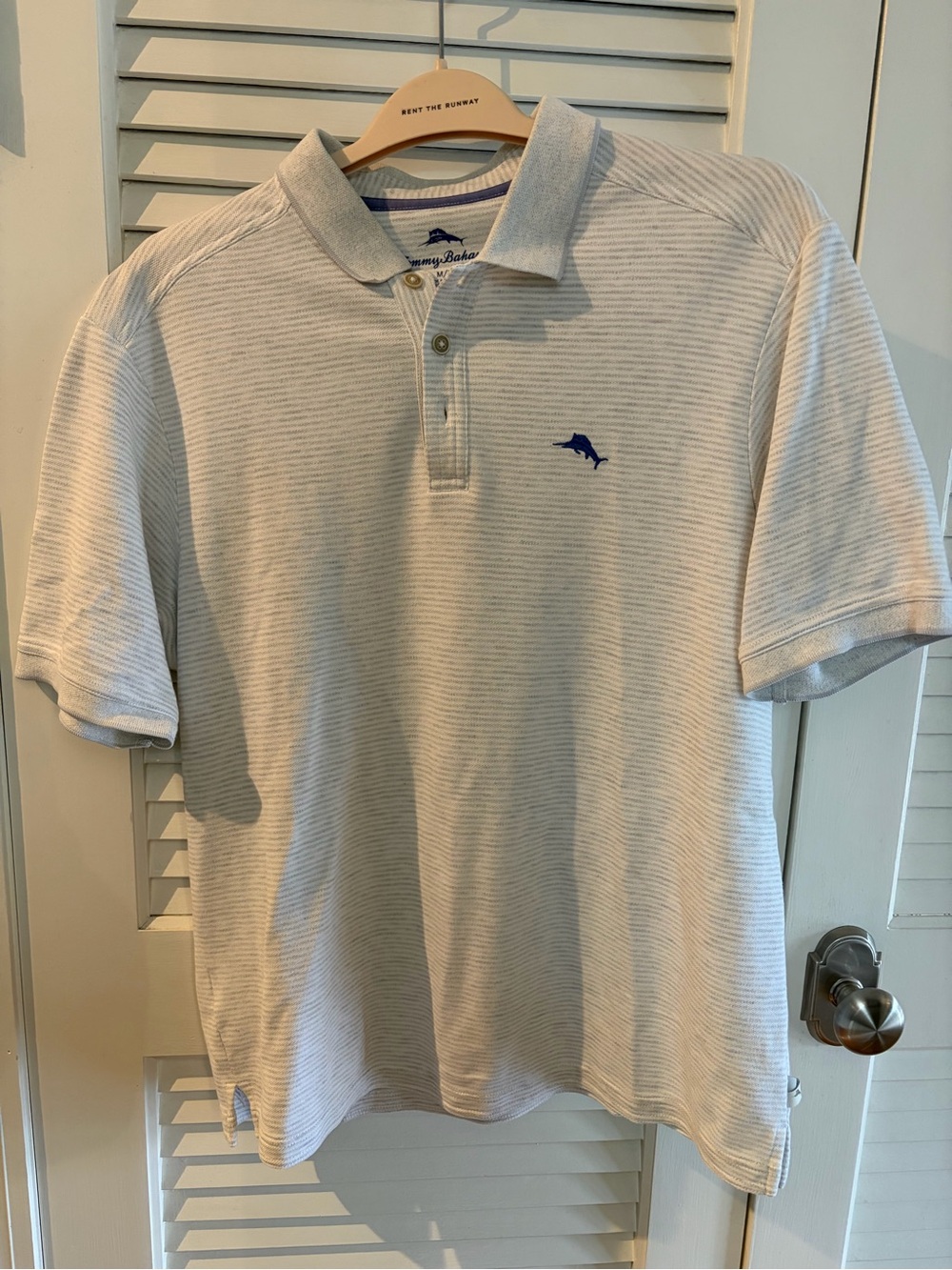 Tommy Bahama Light White Striped Polo with Blue Dolphin Logo